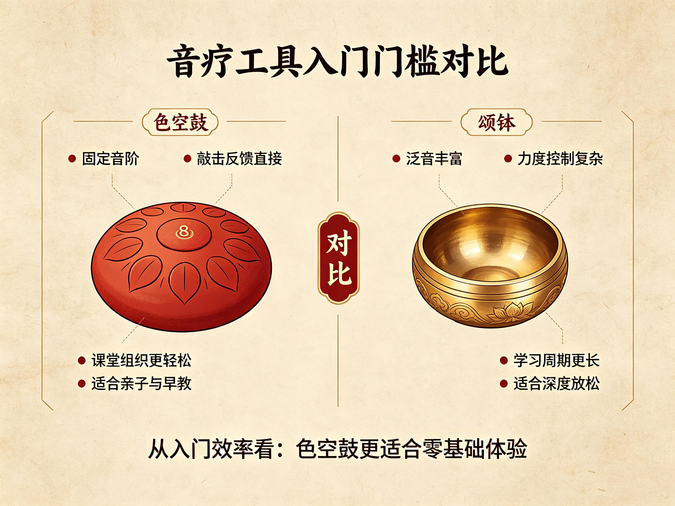 色空鼓 vs 颂钵入门门槛对比图