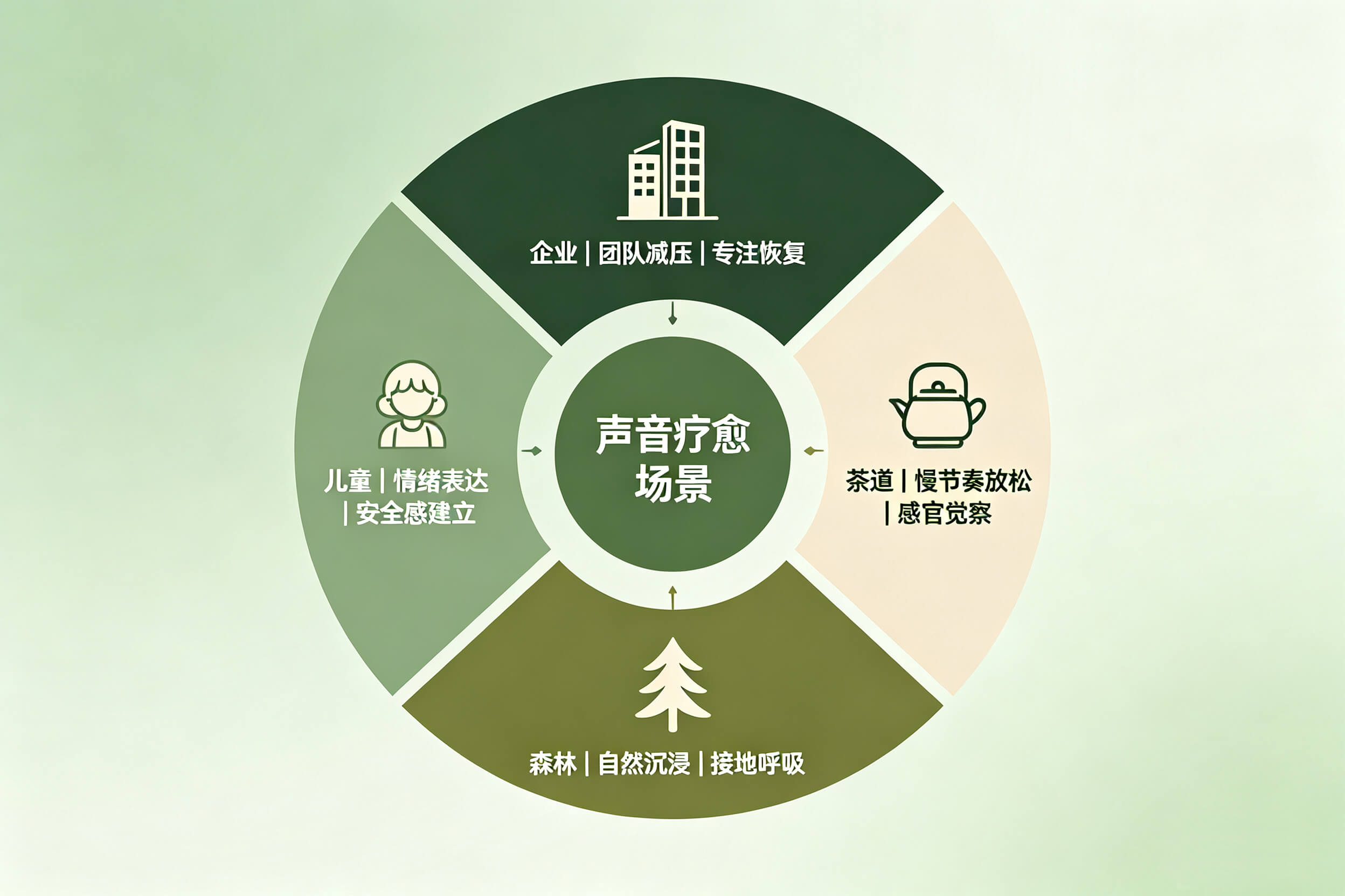 四场景对比信息图：企业/茶道/森林/儿童