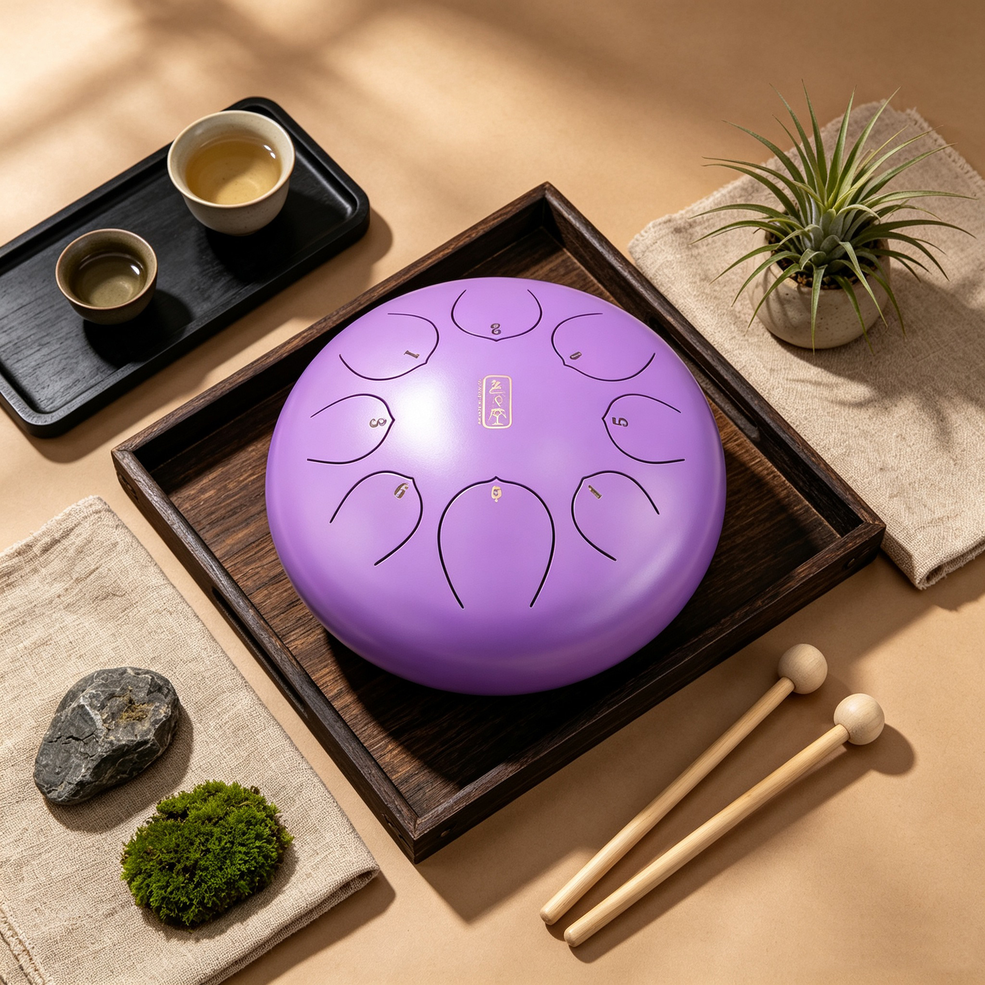 色空鼓与木质、布艺、石头、植物搭配示意